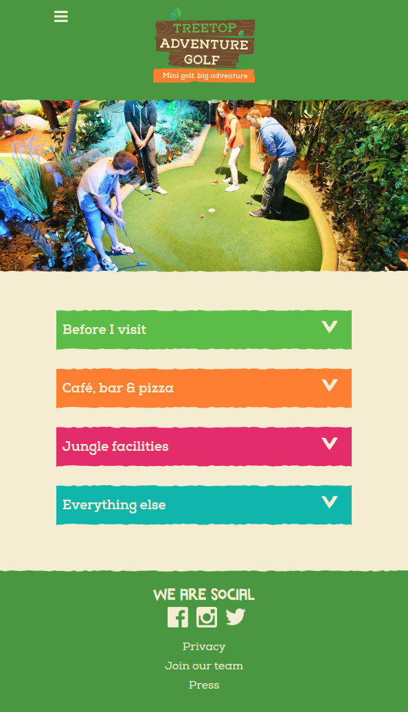 A screenshot of the Treetop Adventure Golf FAQs page mobile layout