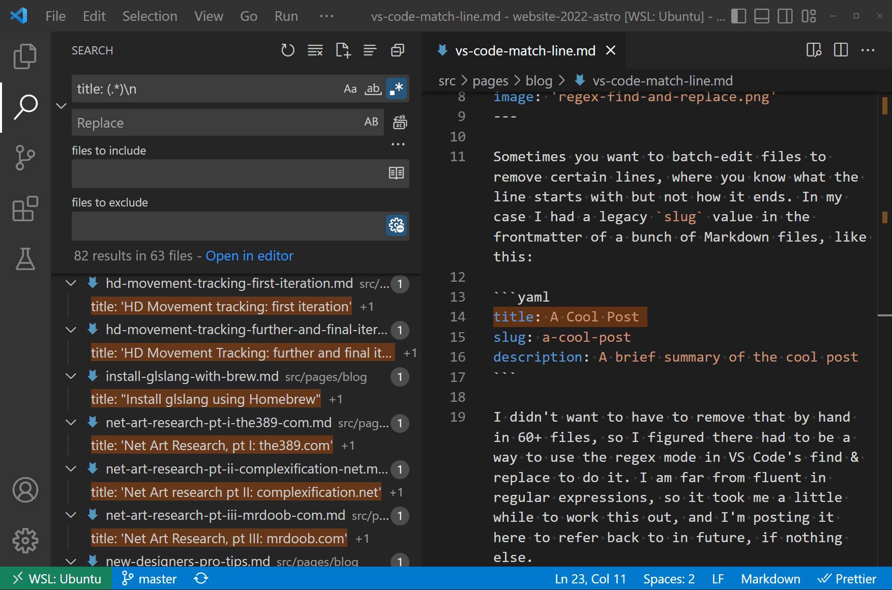 A screenshot of the VS Code search panel using the regex